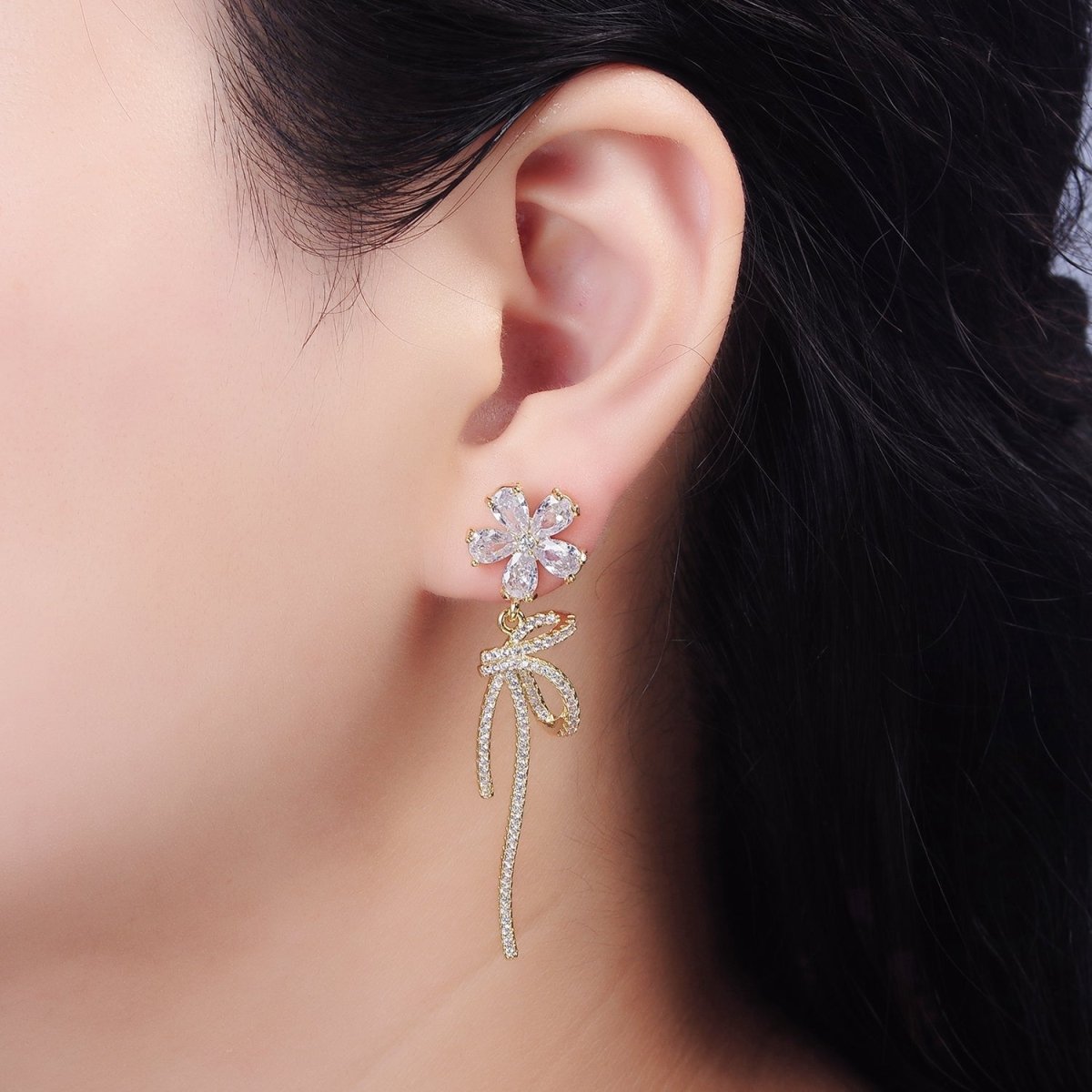 14K Gold Filled Flower Ribbon Bow Micro Paved CZ Drop Stud Earrings Set in Silver | AE249