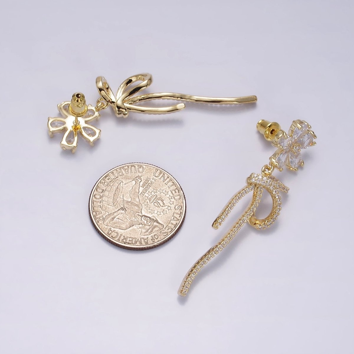 14K Gold Filled Flower Ribbon Bow Micro Paved CZ Drop Stud Earrings Set in Silver | AE249