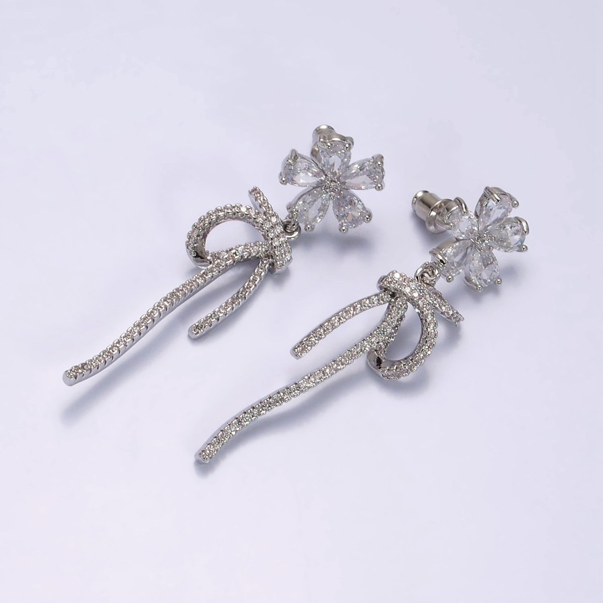 14K Gold Filled Flower Ribbon Bow Micro Paved CZ Drop Stud Earrings Set in Silver | AE249