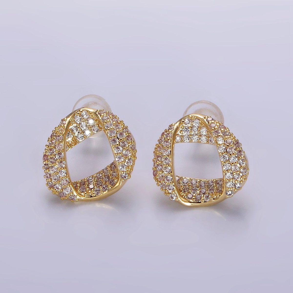 14K Gold Filled Folded Micro Paved CZ Geometric Open Stud Earrings in Gold & Silver | V310