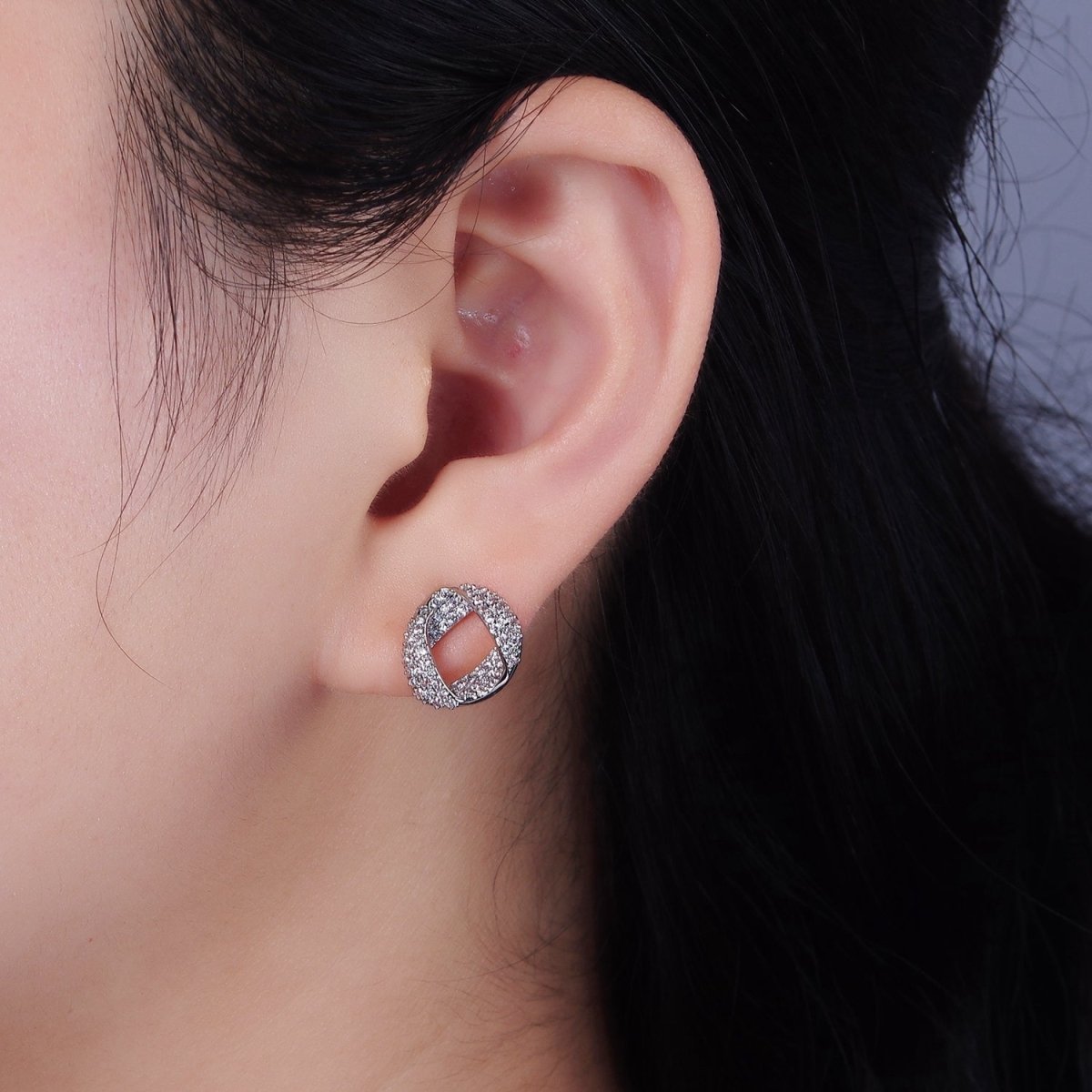 14K Gold Filled Folded Micro Paved CZ Geometric Open Stud Earrings in Gold & Silver | V310