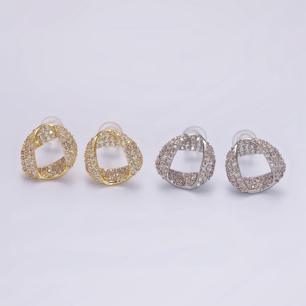 14K Gold Filled Folded Micro Paved CZ Geometric Open Stud Earrings in Gold & Silver | V310