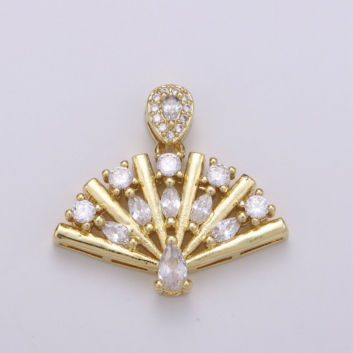 14K Gold Filled Folding Fan Clear Cubic Zirconia Round Teardrop Marquise Pendant H-898