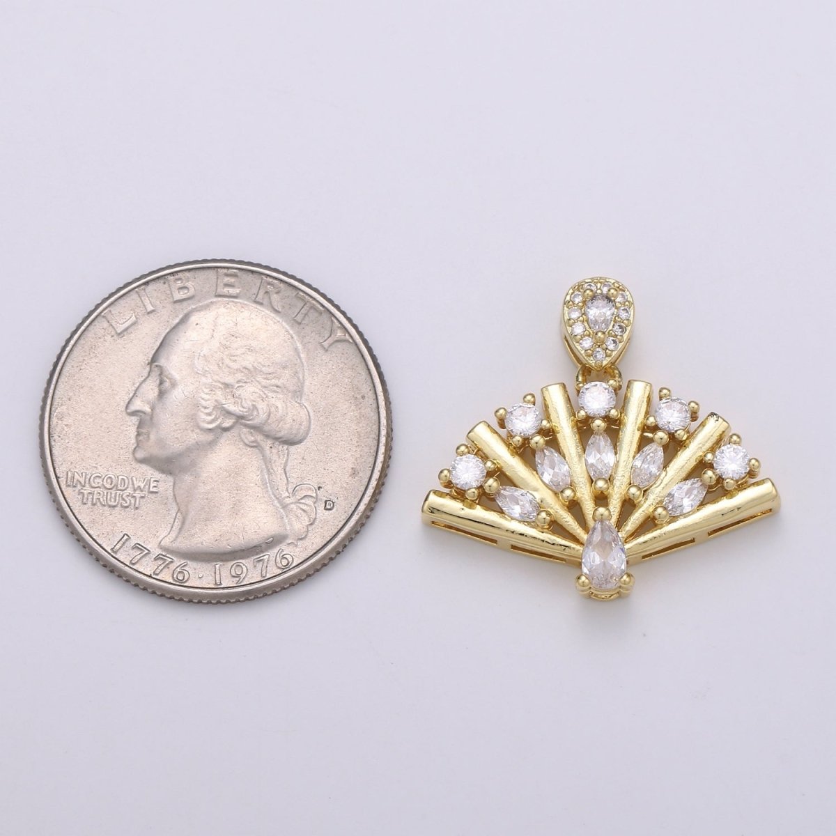 14K Gold Filled Folding Fan Clear Cubic Zirconia Round Teardrop Marquise Pendant H-898