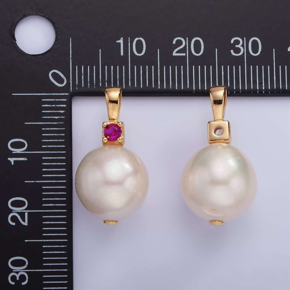 14K Gold Filled Freshwater Pearl Button Fuchsia, Green, Clear CZ Pendant | P1694 P1695