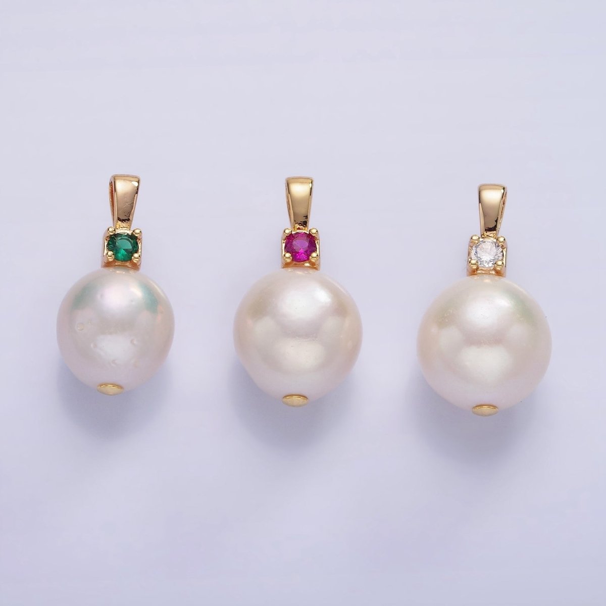 14K Gold Filled Freshwater Pearl Button Fuchsia, Green, Clear CZ Pendant | P1694 P1695