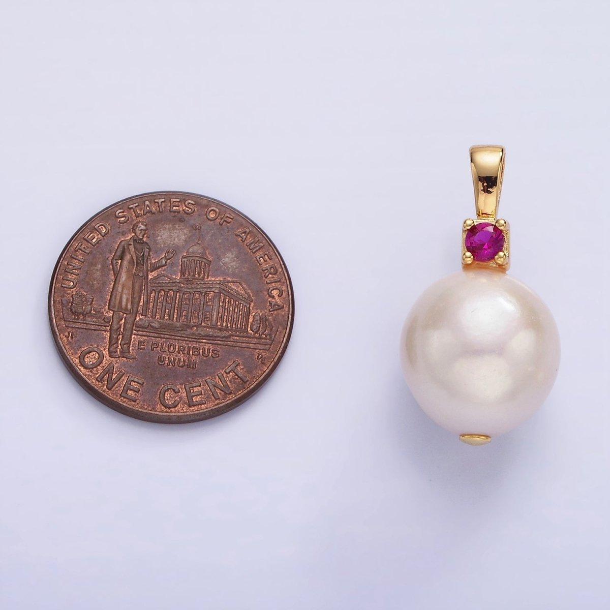 14K Gold Filled Freshwater Pearl Button Fuchsia, Green, Clear CZ Pendant | P1694 P1695