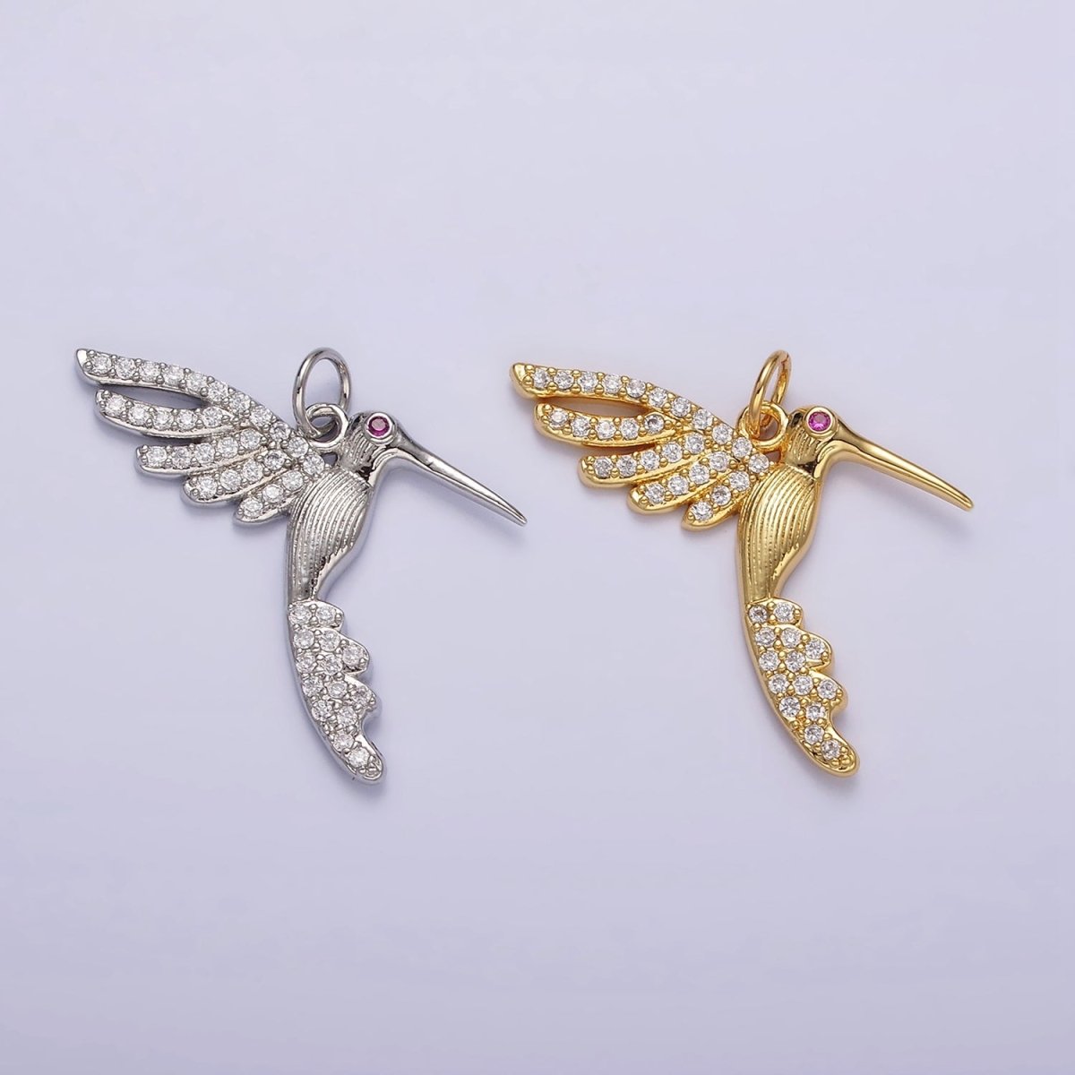 14K Gold Filled Fuchsia CZ Hummingbird Clear Micro Paved Wings Charm in Gold & Silver | N1089 N1090