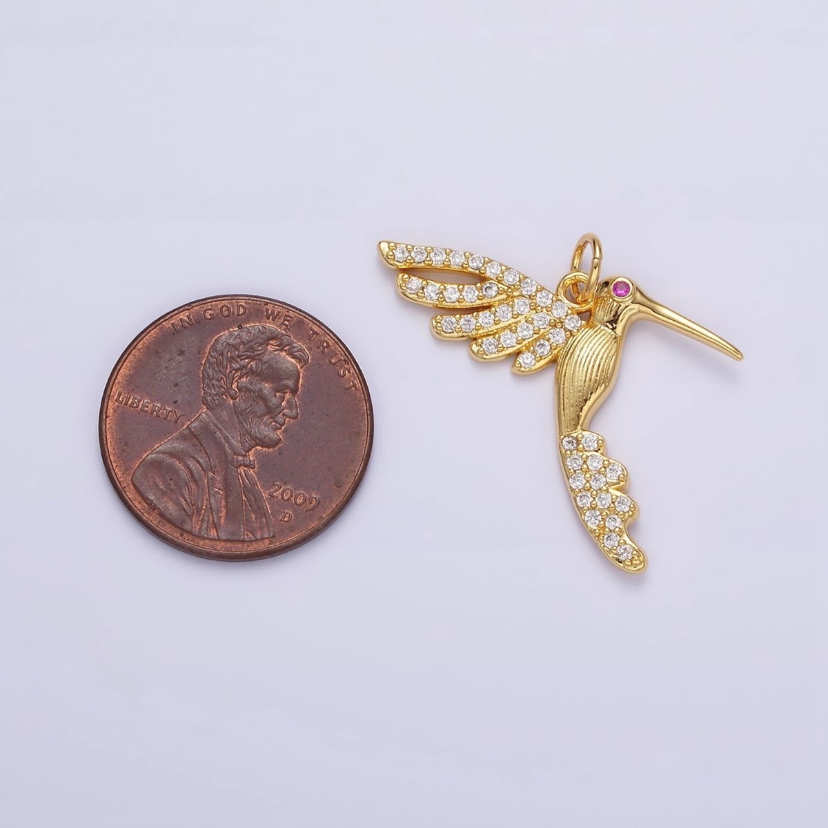 14K Gold Filled Fuchsia CZ Hummingbird Clear Micro Paved Wings Charm in Gold & Silver | N1089 N1090