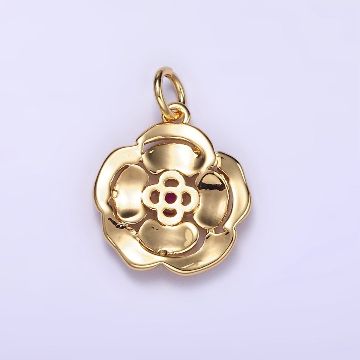 14K Gold Filled Fuchsia CZ Line-Textured Petal Flower Charm | W774 - DLUXCA