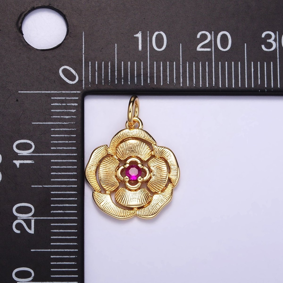 14K Gold Filled Fuchsia CZ Line-Textured Petal Flower Charm | W774 - DLUXCA