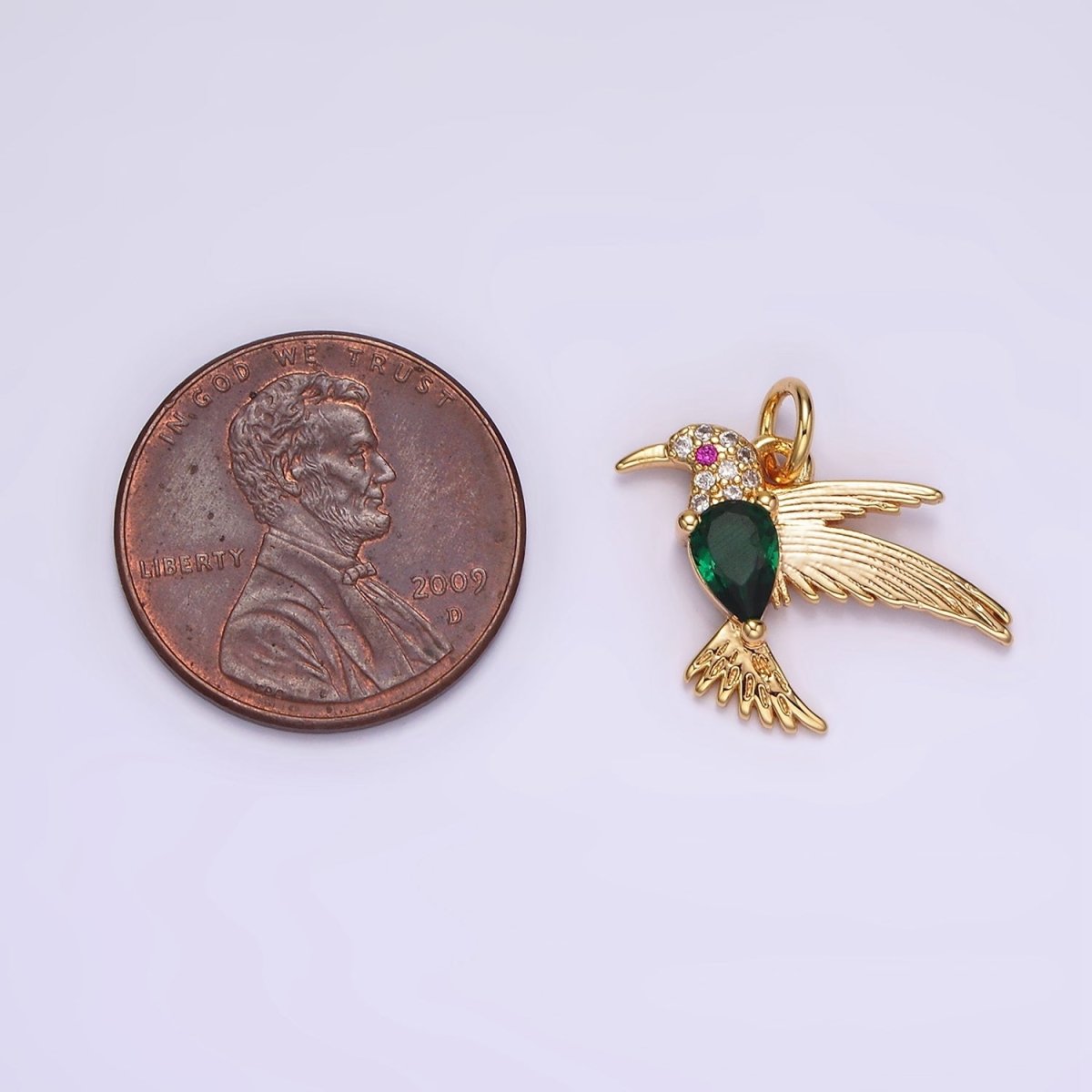 14K Gold Filled Fuchsia-Eyed Clear, Green Teardrop Micro Paved CZ Bird Charm | AG357 AG358