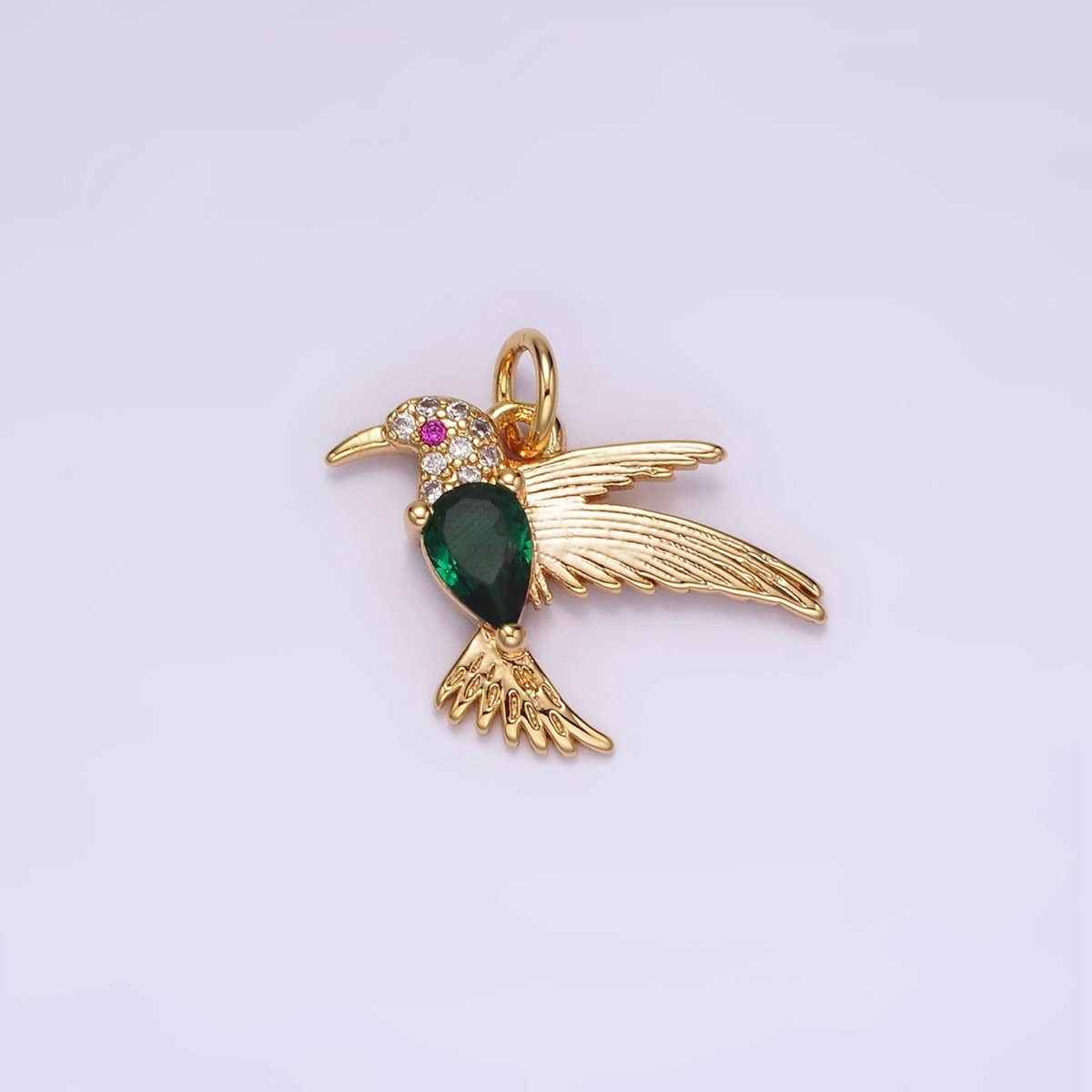 14K Gold Filled Fuchsia-Eyed Clear, Green Teardrop Micro Paved CZ Bird Charm | AG357 AG358