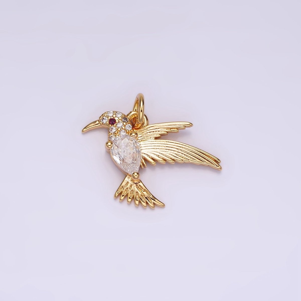 14K Gold Filled Fuchsia-Eyed Clear, Green Teardrop Micro Paved CZ Bird Charm | AG357 AG358