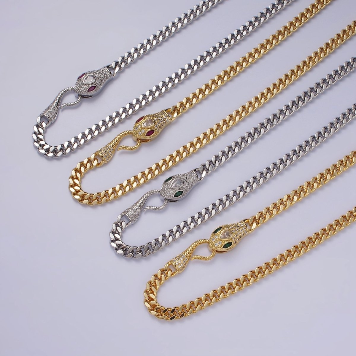 14K Gold Filled Fuchsia, Green Eyed Snake Textured Bite 18 Inch Curb Chain Necklace | WA-2204 - WA-2207 Clearance Pricing