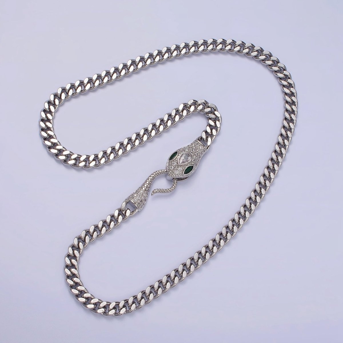 14K Gold Filled Fuchsia, Green Eyed Snake Textured Bite 18 Inch Curb Chain Necklace | WA-2204 - WA-2207 Clearance Pricing