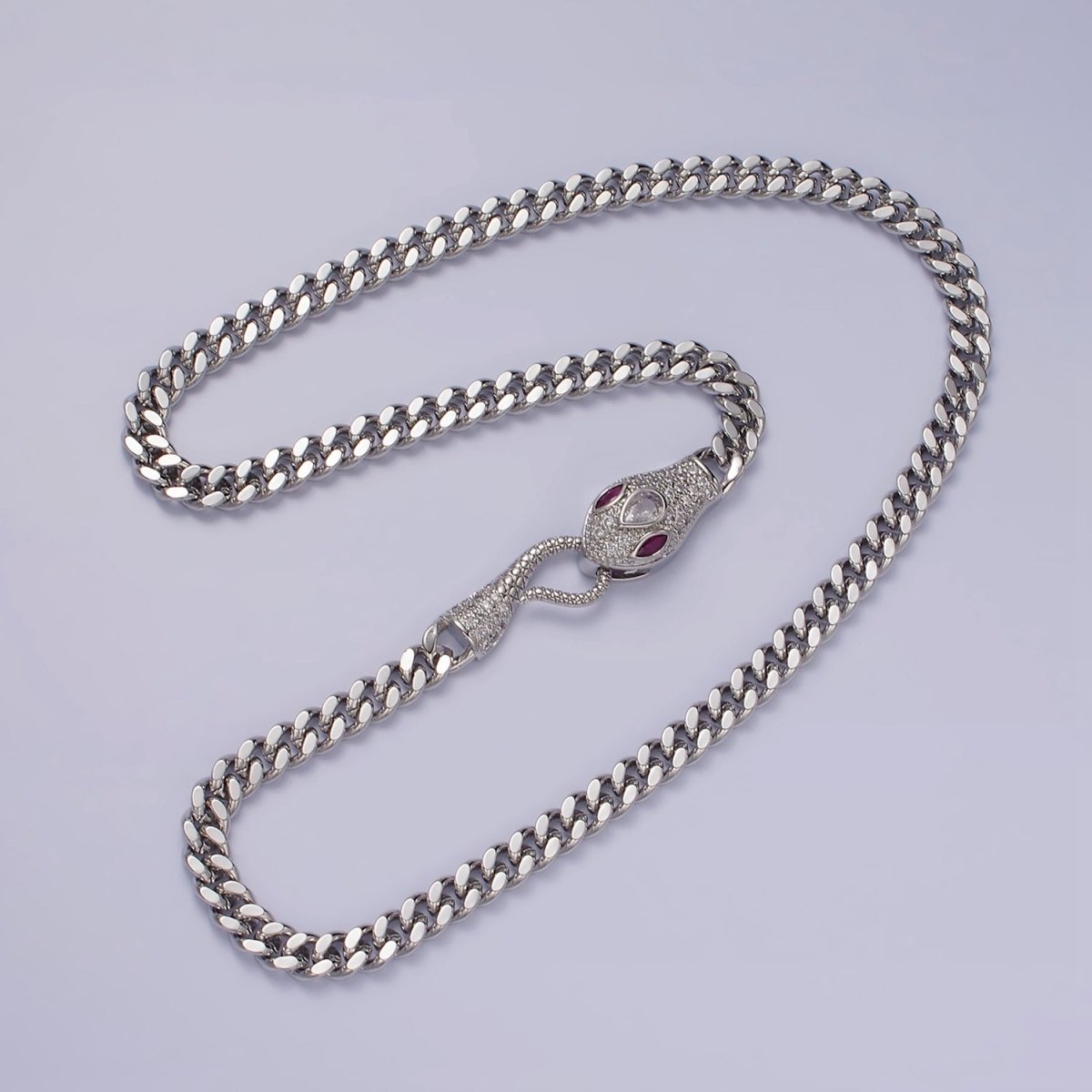 14K Gold Filled Fuchsia, Green Eyed Snake Textured Bite 18 Inch Curb Chain Necklace | WA-2204 - WA-2207 Clearance Pricing