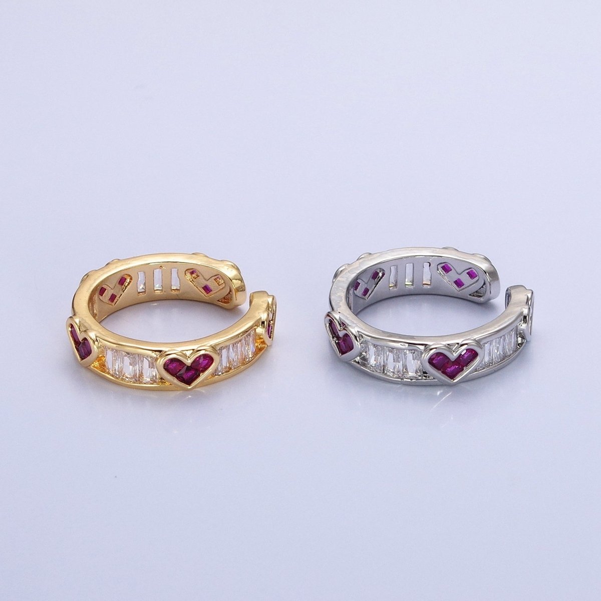 14K Gold Filled Fuchsia Heart Baguette Lined Ring in Gold & Silver | O1835 O1836