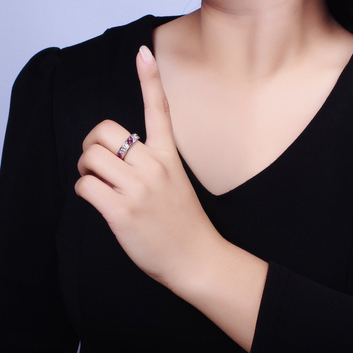 14K Gold Filled Fuchsia Heart Baguette Lined Ring in Gold & Silver | O1835 O1836