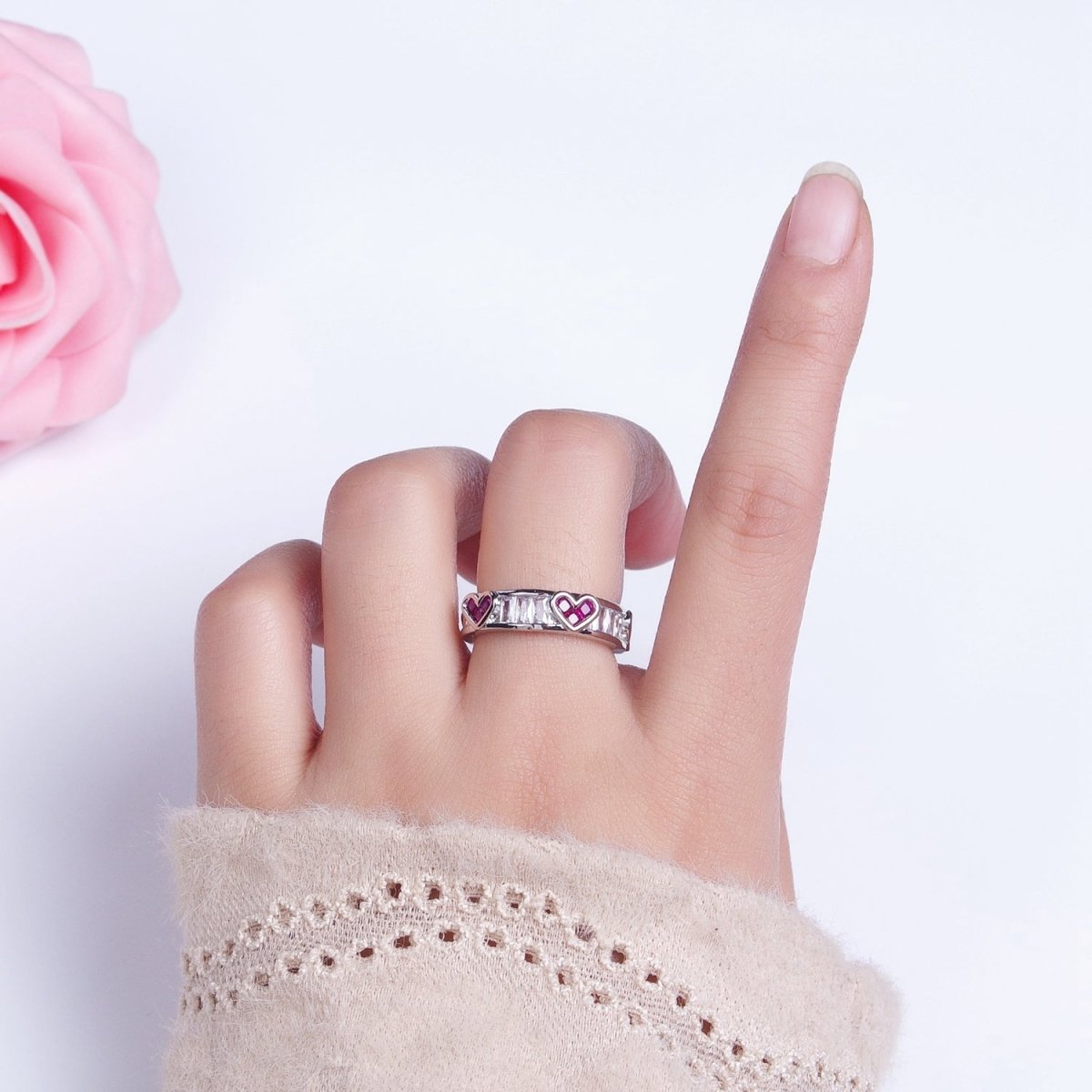 14K Gold Filled Fuchsia Heart Baguette Lined Ring in Gold & Silver | O1835 O1836