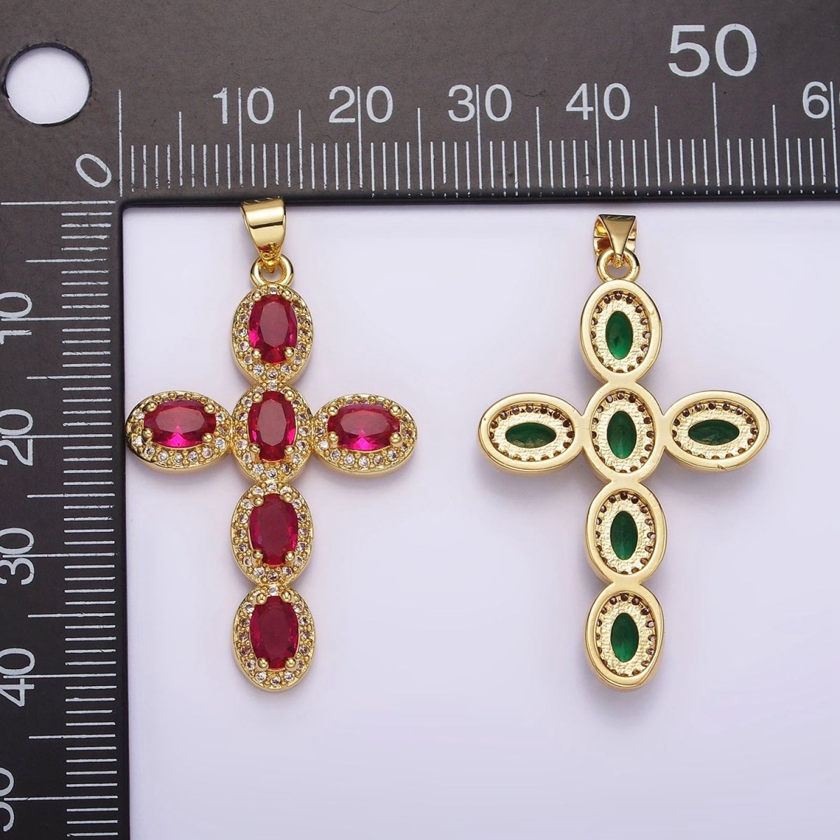 14K Gold Filled Fuchsia, Pink, Green Oval Micro Paved CZ Latin Cross Pendant | AA1095 - AA1096