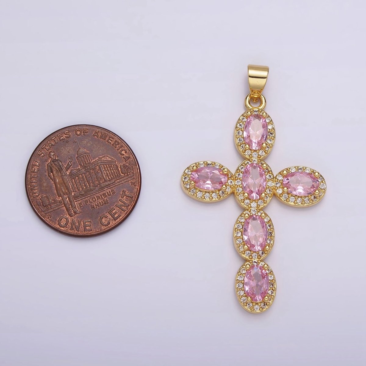 14K Gold Filled Fuchsia, Pink, Green Oval Micro Paved CZ Latin Cross Pendant | AA1095 - AA1096