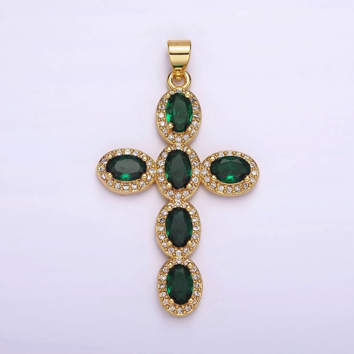 14K Gold Filled Fuchsia, Pink, Green Oval Micro Paved CZ Latin Cross Pendant | AA1095 - AA1096