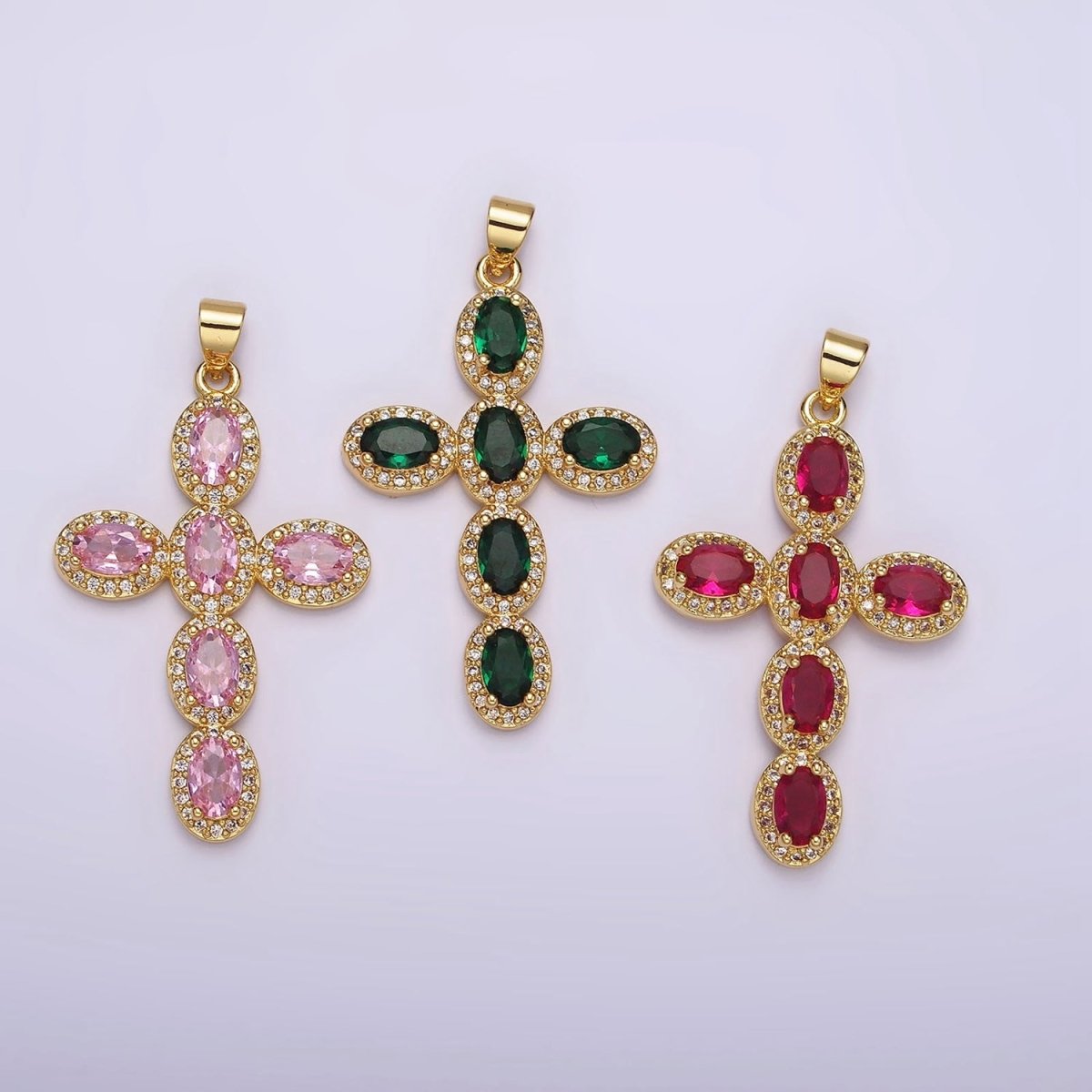 14K Gold Filled Fuchsia, Pink, Green Oval Micro Paved CZ Latin Cross Pendant | AA1095 - AA1096