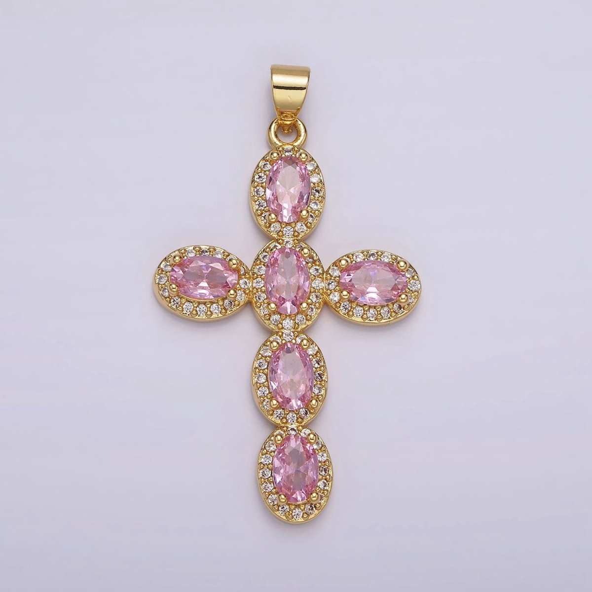 14K Gold Filled Fuchsia, Pink, Green Oval Micro Paved CZ Latin Cross Pendant | AA1095 - AA1096