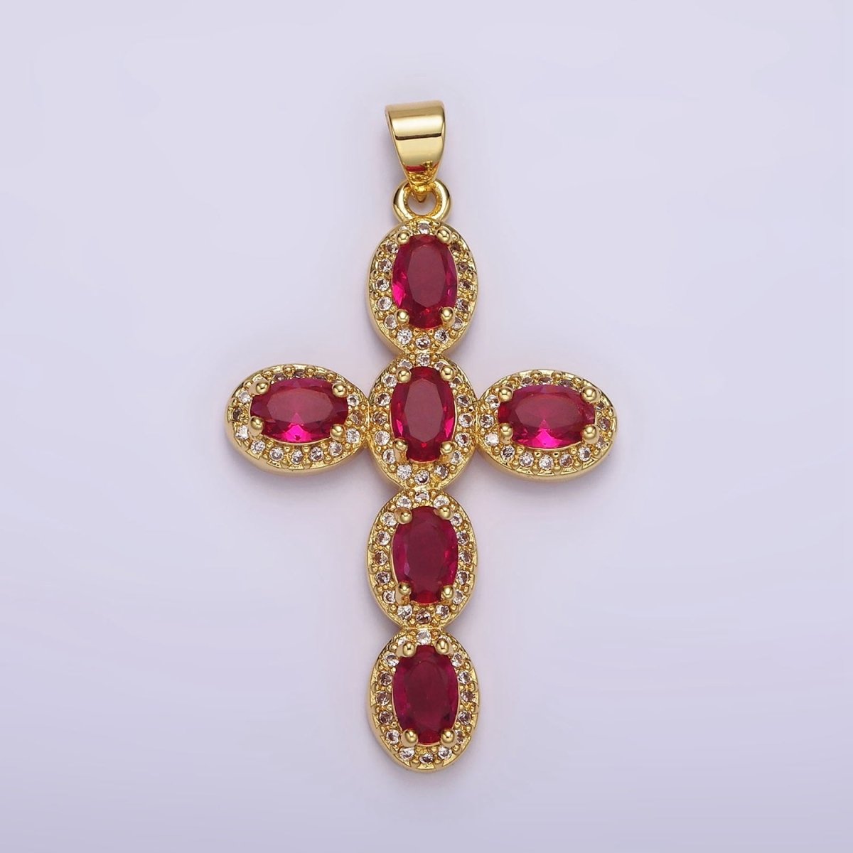 14K Gold Filled Fuchsia, Pink, Green Oval Micro Paved CZ Latin Cross Pendant | AA1095 - AA1096