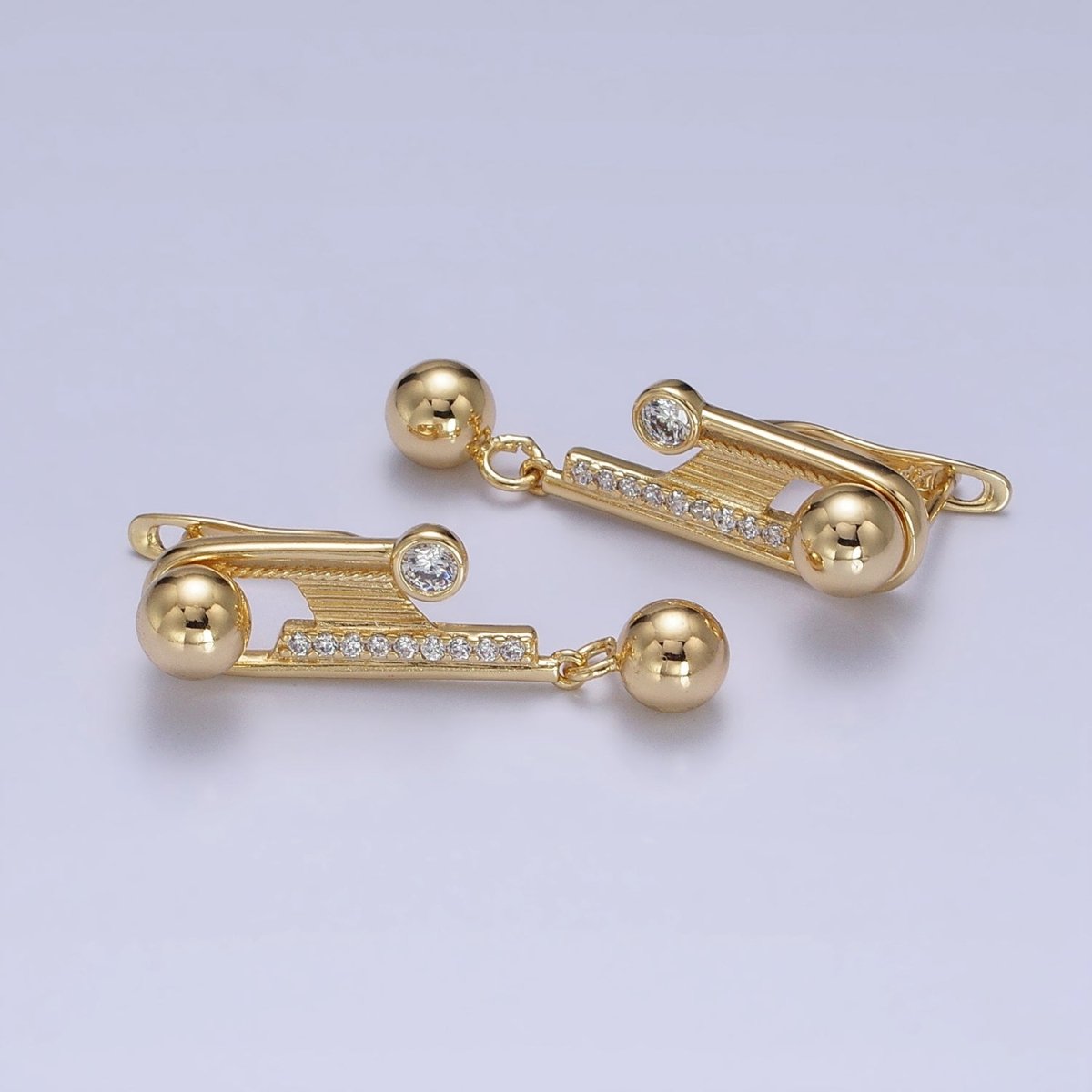 14K Gold Filled Geometric Clear Micro Paved CZ Round Beaded Drop English Lock Earrings | AD1534 - DLUXCA