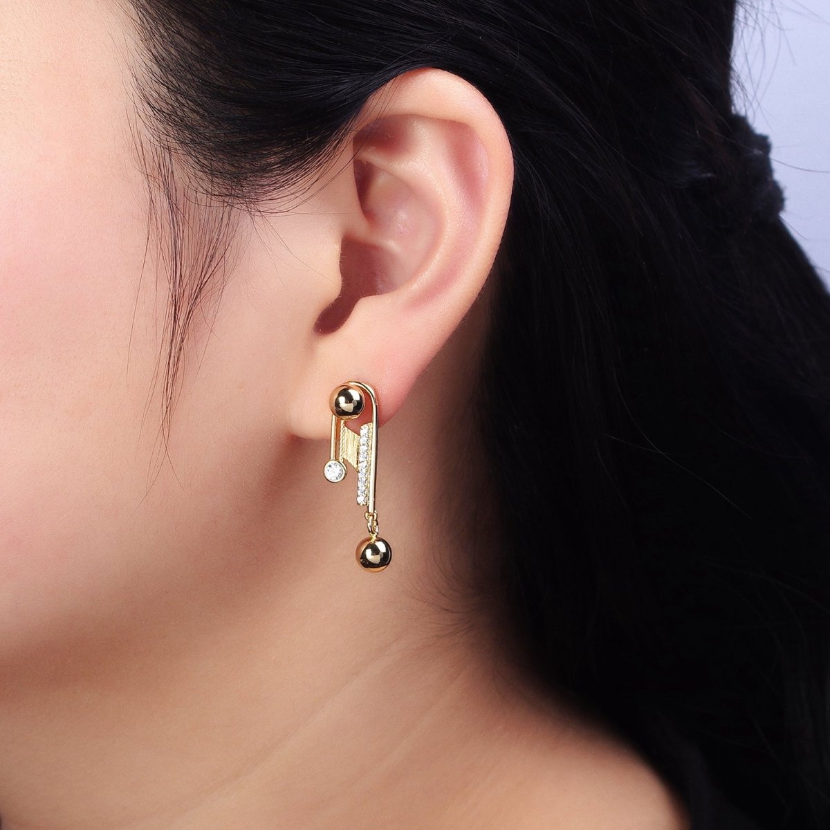 14K Gold Filled Geometric Clear Micro Paved CZ Round Beaded Drop English Lock Earrings | AD1534 - DLUXCA