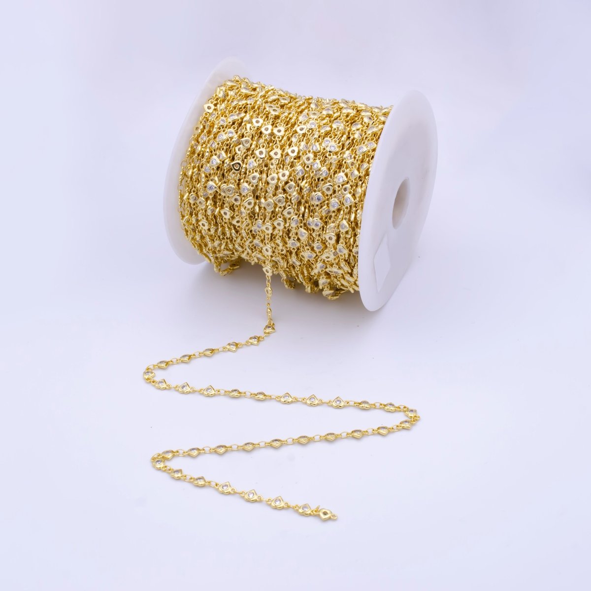 14k Gold Filled Gold heart Charm Chain Jewelry Supplies, Tiny heart CZ gold Chain Wholesale Bulk Chain | ROLL-790 Clearance Pricing - DLUXCA