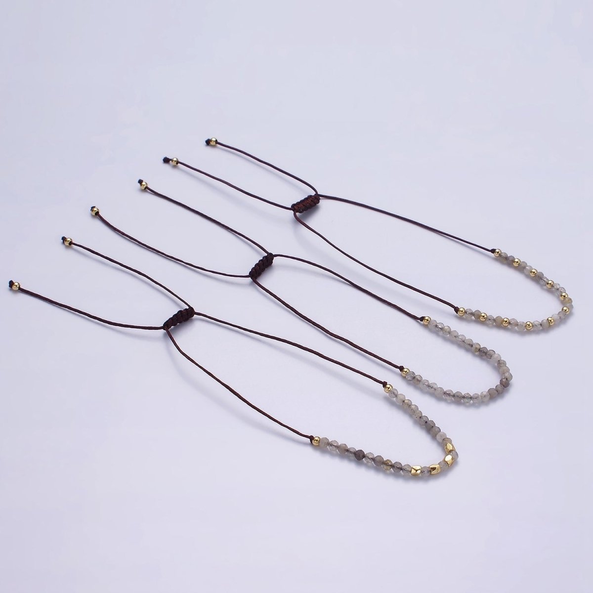 14K Gold Filled Gray Jasper Multifaceted Brown Rope Adjustable Friendship Bracelet | WA-2178 - WA-2180 Clearance Pricing