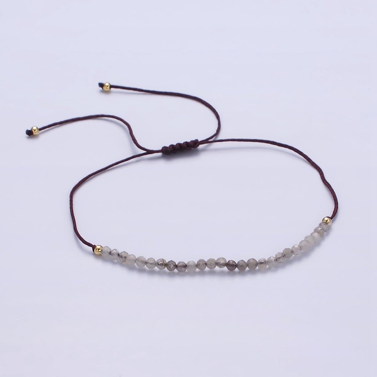14K Gold Filled Gray Jasper Multifaceted Brown Rope Adjustable Friendship Bracelet | WA-2178 - WA-2180 Clearance Pricing