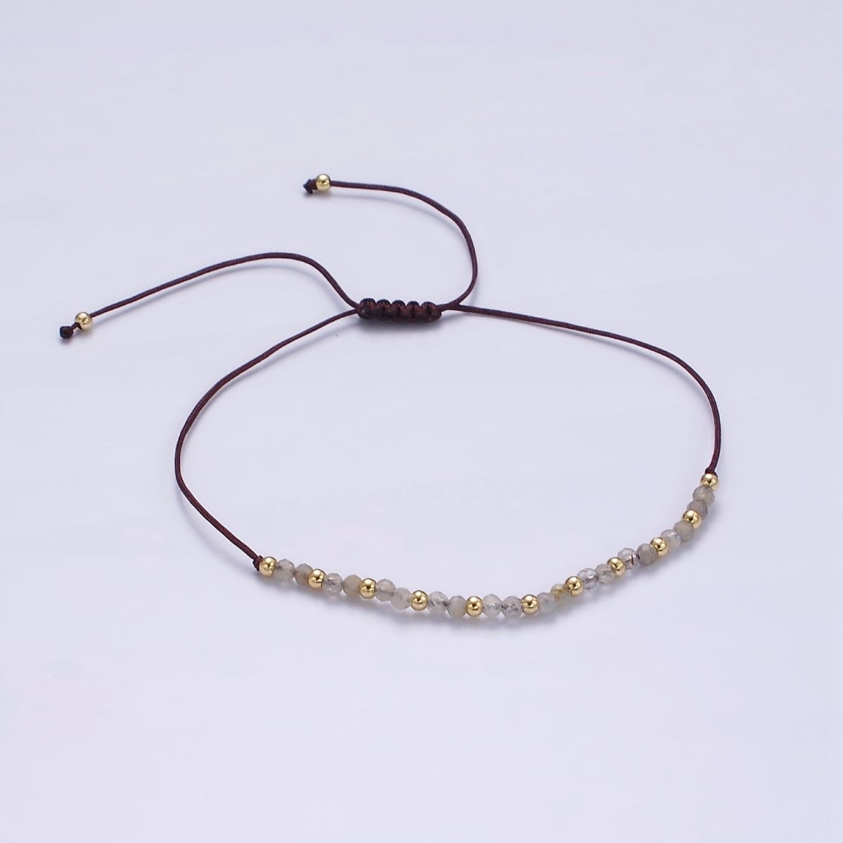 14K Gold Filled Gray Jasper Multifaceted Brown Rope Adjustable Friendship Bracelet | WA-2178 - WA-2180 Clearance Pricing