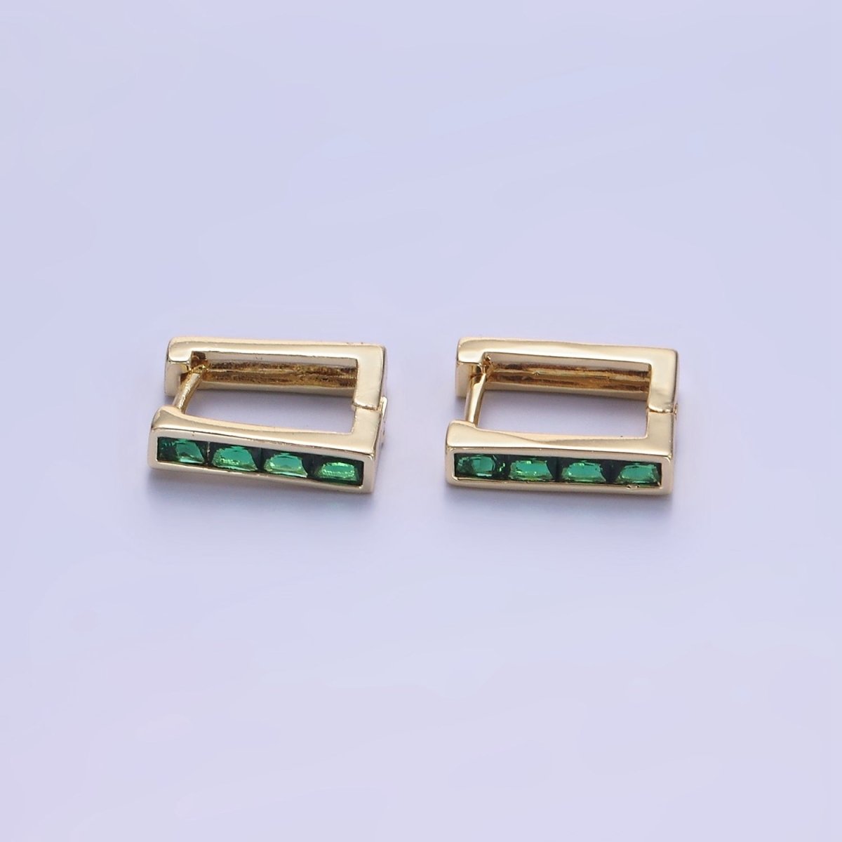 14K Gold Filled Green Baguette CZ Lined Rectangular Hoop Earrings | AB1340 - AB1342