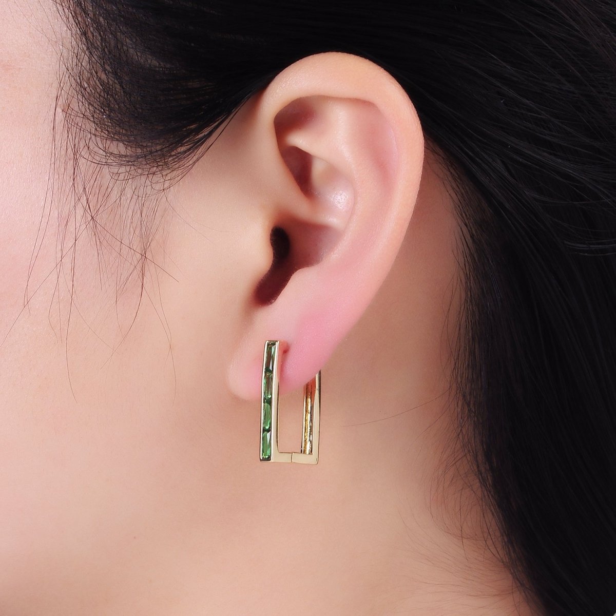14K Gold Filled Green Baguette CZ Lined Rectangular Hoop Earrings | AB1340 - AB1342