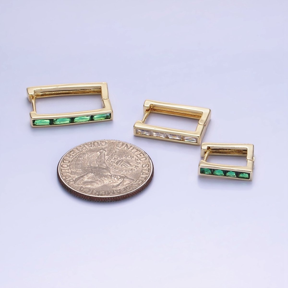 14K Gold Filled Green Baguette CZ Lined Rectangular Hoop Earrings | AB1340 - AB1342