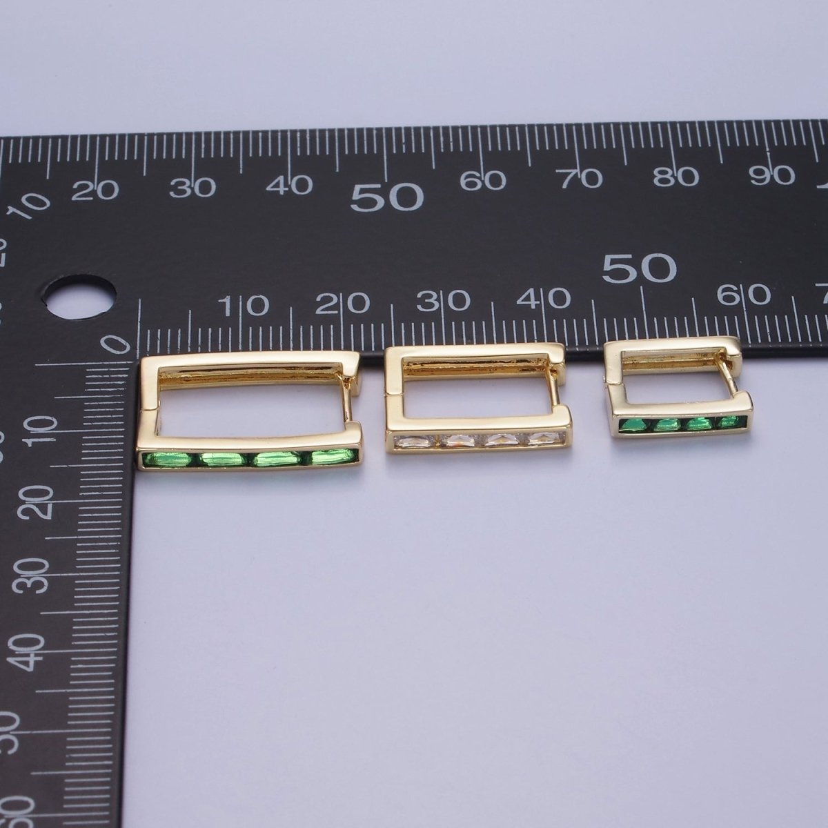 14K Gold Filled Green Baguette CZ Lined Rectangular Hoop Earrings | AB1340 - AB1342