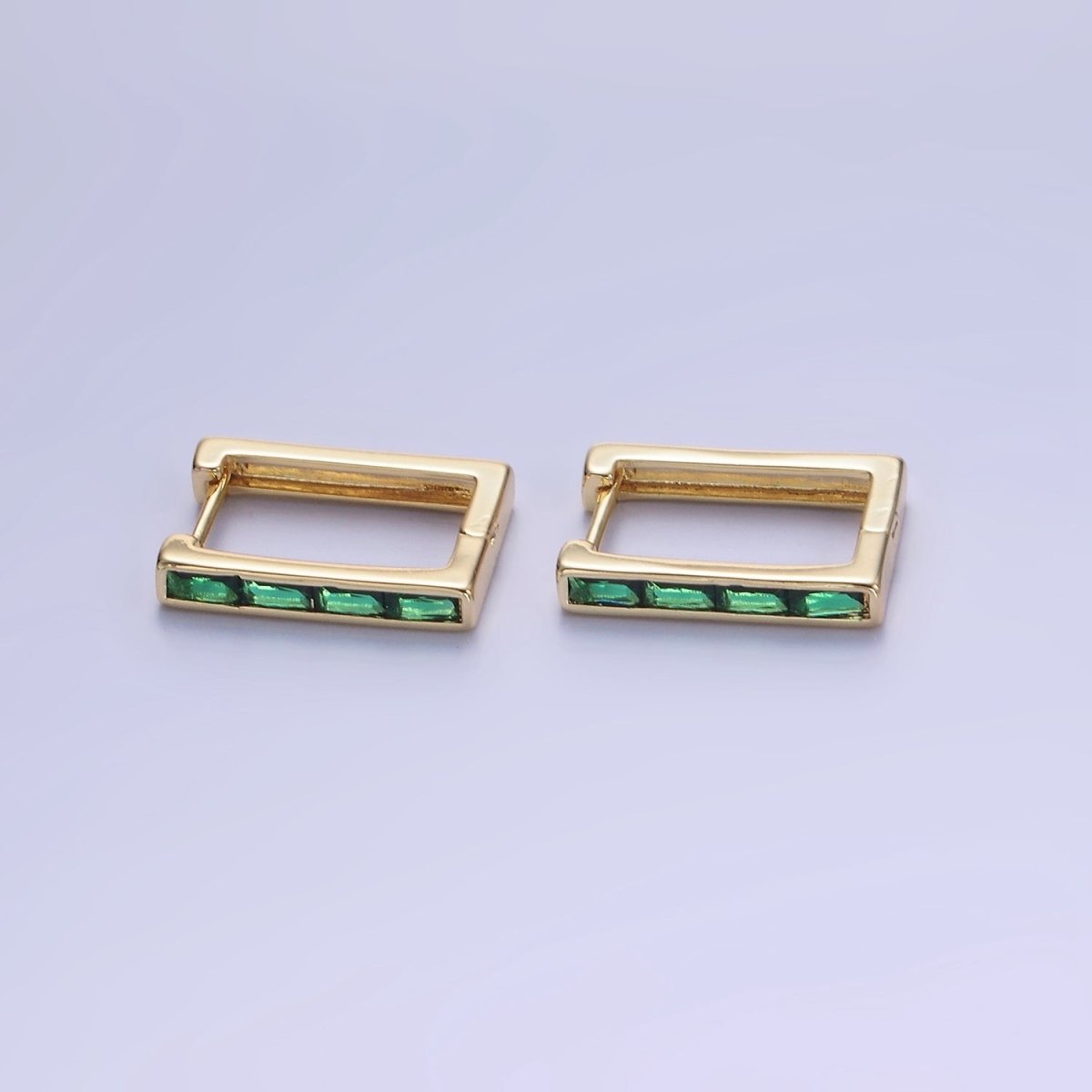 14K Gold Filled Green Baguette CZ Lined Rectangular Hoop Earrings | AB1340 - AB1342