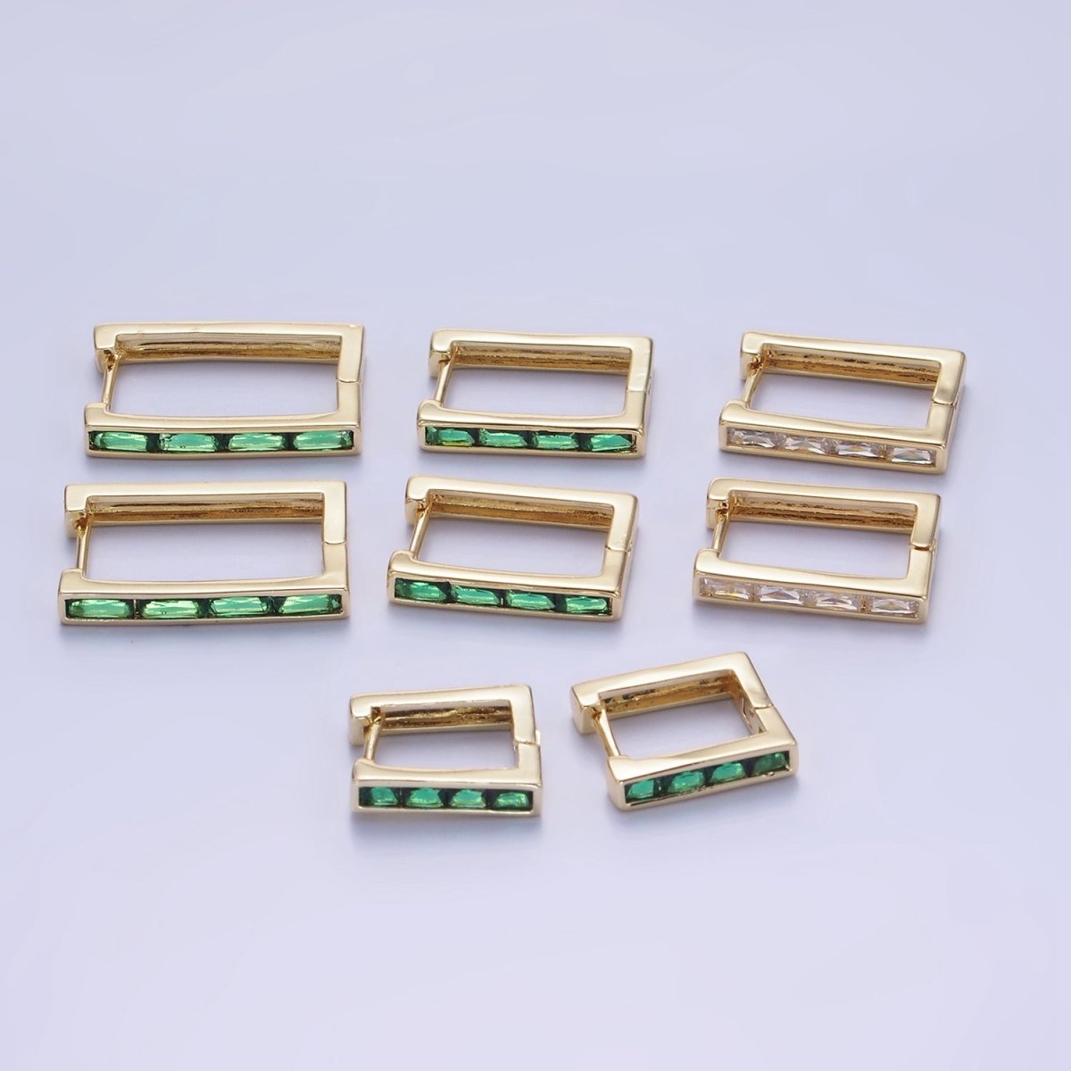14K Gold Filled Green Baguette CZ Lined Rectangular Hoop Earrings | AB1340 - AB1342