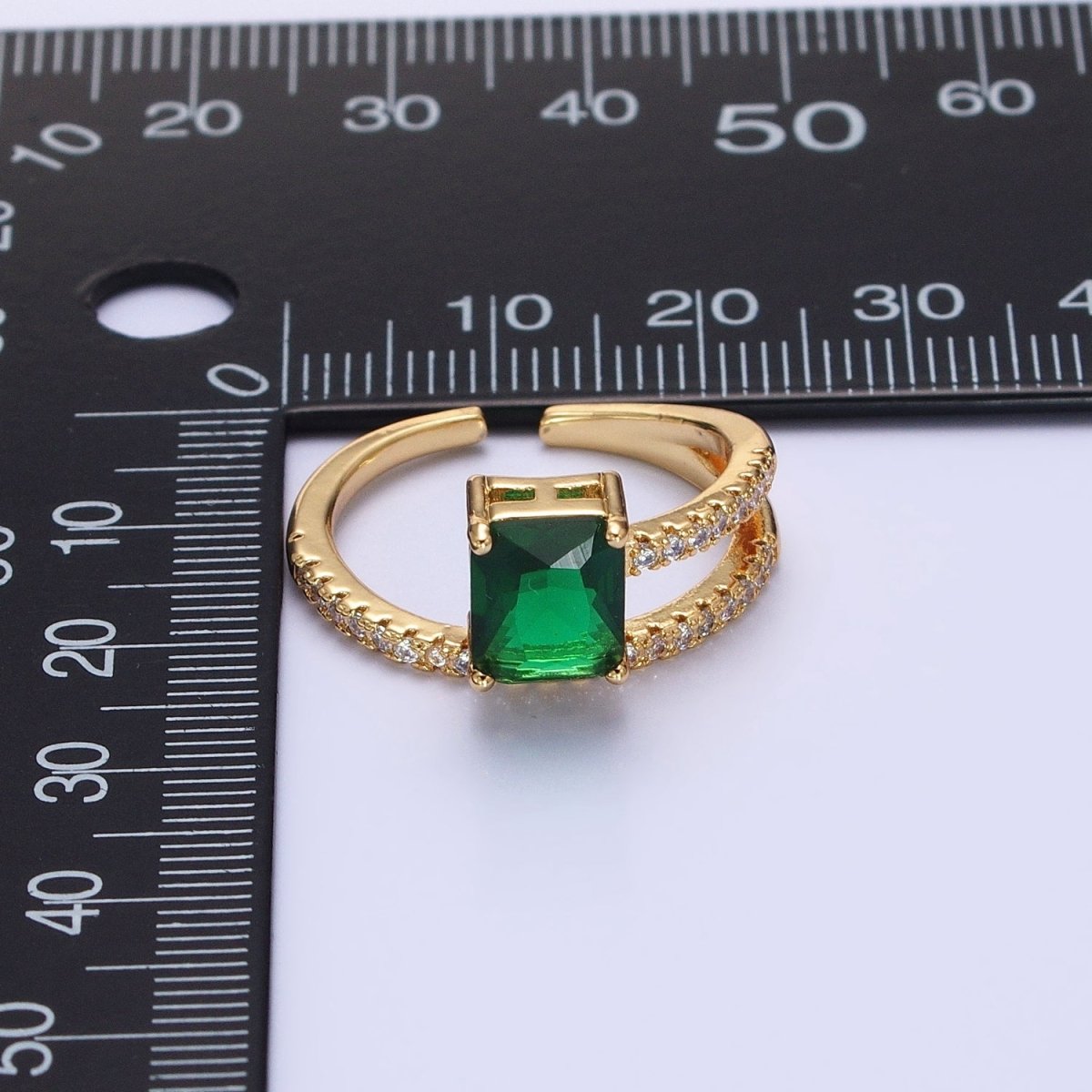 14K Gold Filled Green Baguette Double Band Micro Paved Adjustable Ring in Gold & Silver | O-1561 O-1562