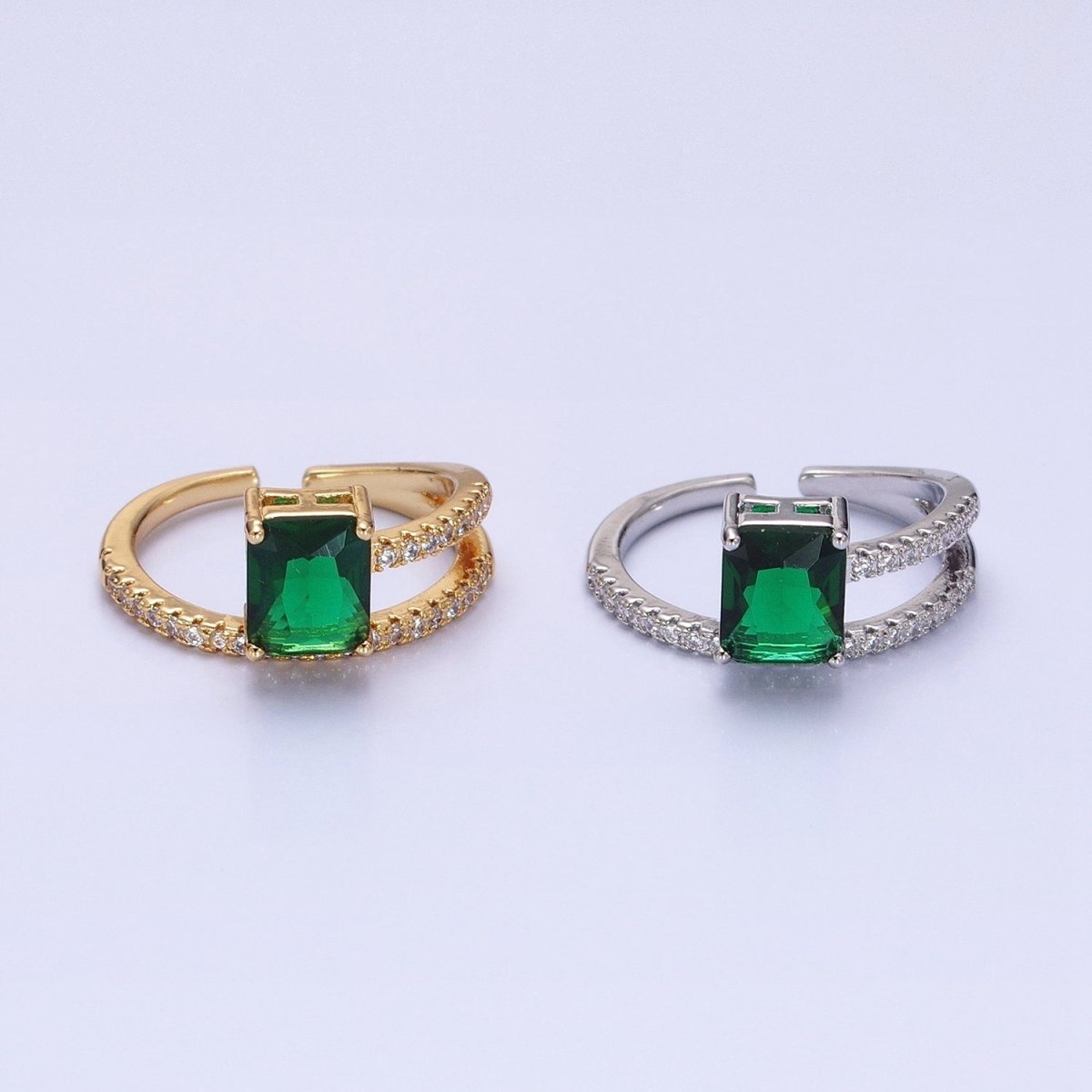 14K Gold Filled Green Baguette Double Band Micro Paved Adjustable Ring in Gold & Silver | O-1561 O-1562