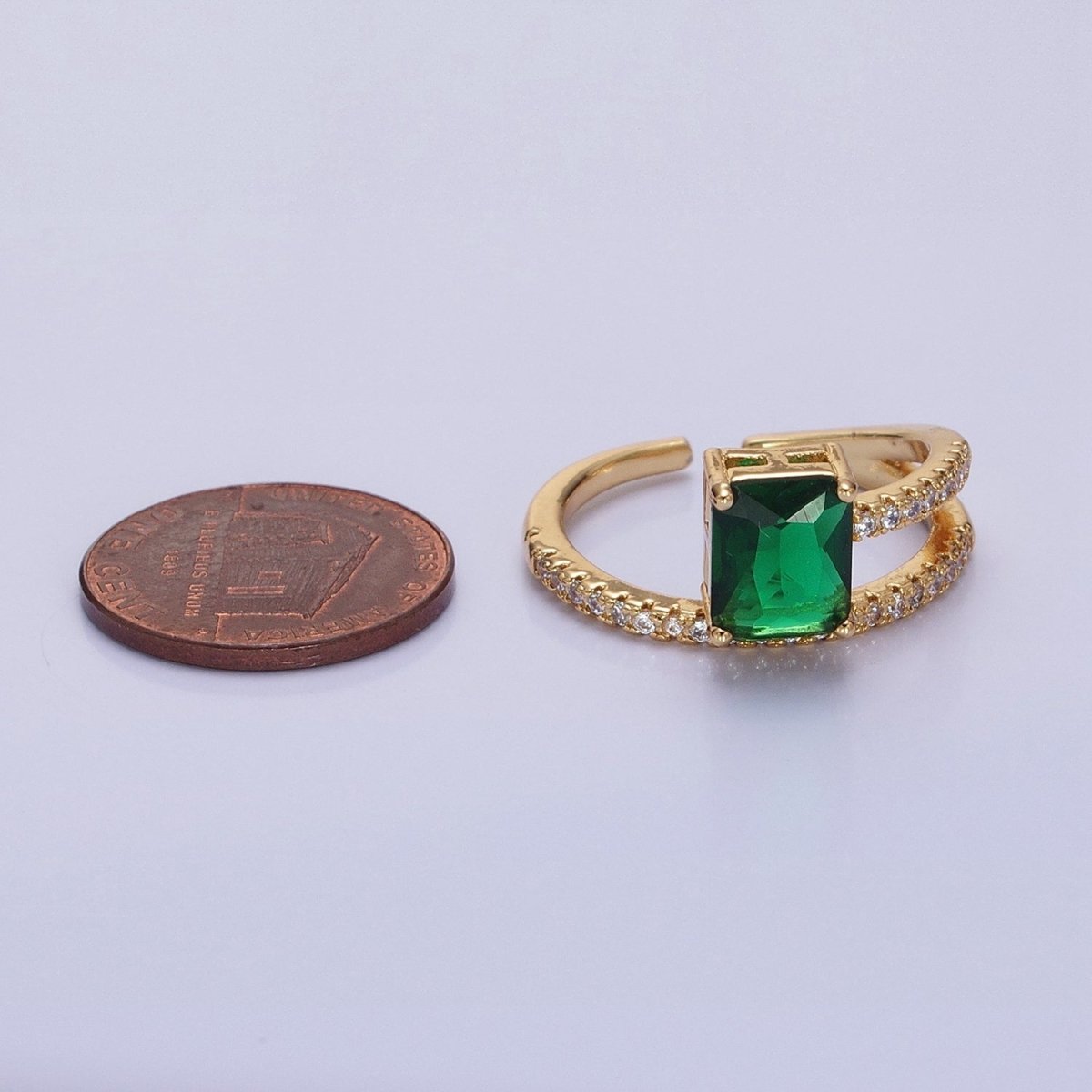 14K Gold Filled Green Baguette Double Band Micro Paved Adjustable Ring in Gold & Silver | O-1561 O-1562