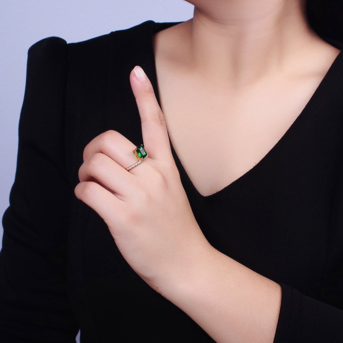 14K Gold Filled Green Baguette Double Band Micro Paved Adjustable Ring in Gold & Silver | O-1561 O-1562