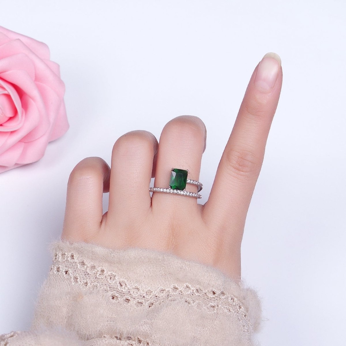 14K Gold Filled Green Baguette Double Band Micro Paved Adjustable Ring in Gold & Silver | O-1561 O-1562