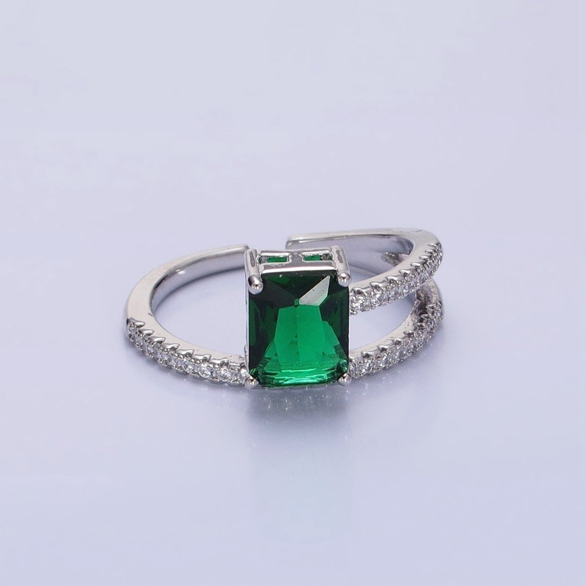 14K Gold Filled Green Baguette Double Band Micro Paved Adjustable Ring in Gold & Silver | O-1561 O-1562