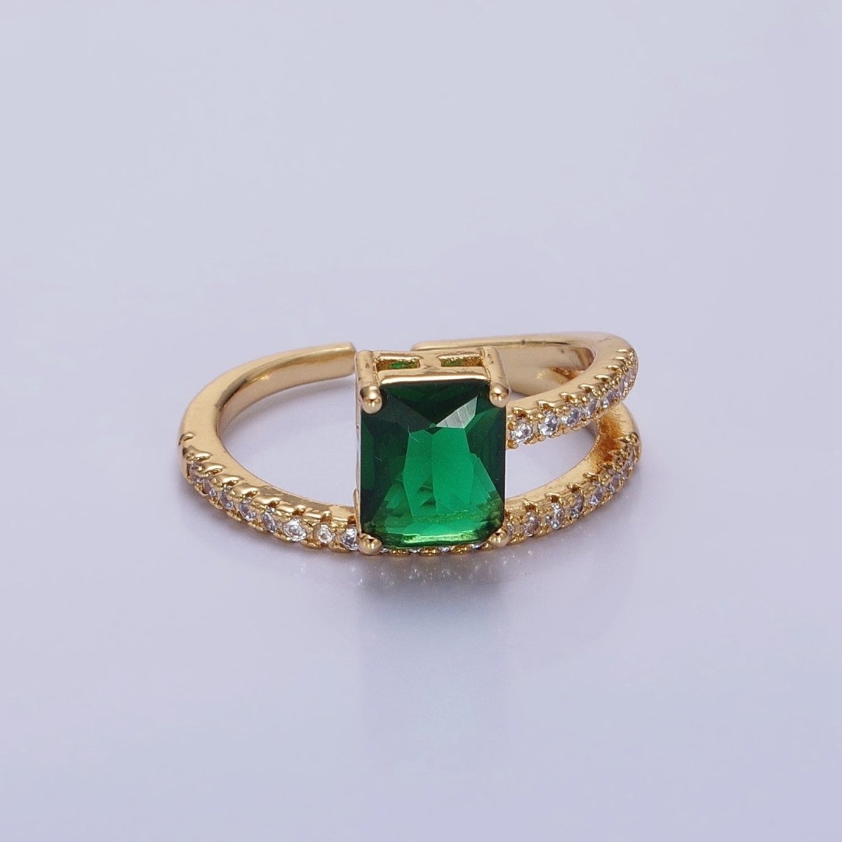 14K Gold Filled Green Baguette Double Band Micro Paved Adjustable Ring in Gold & Silver | O-1561 O-1562