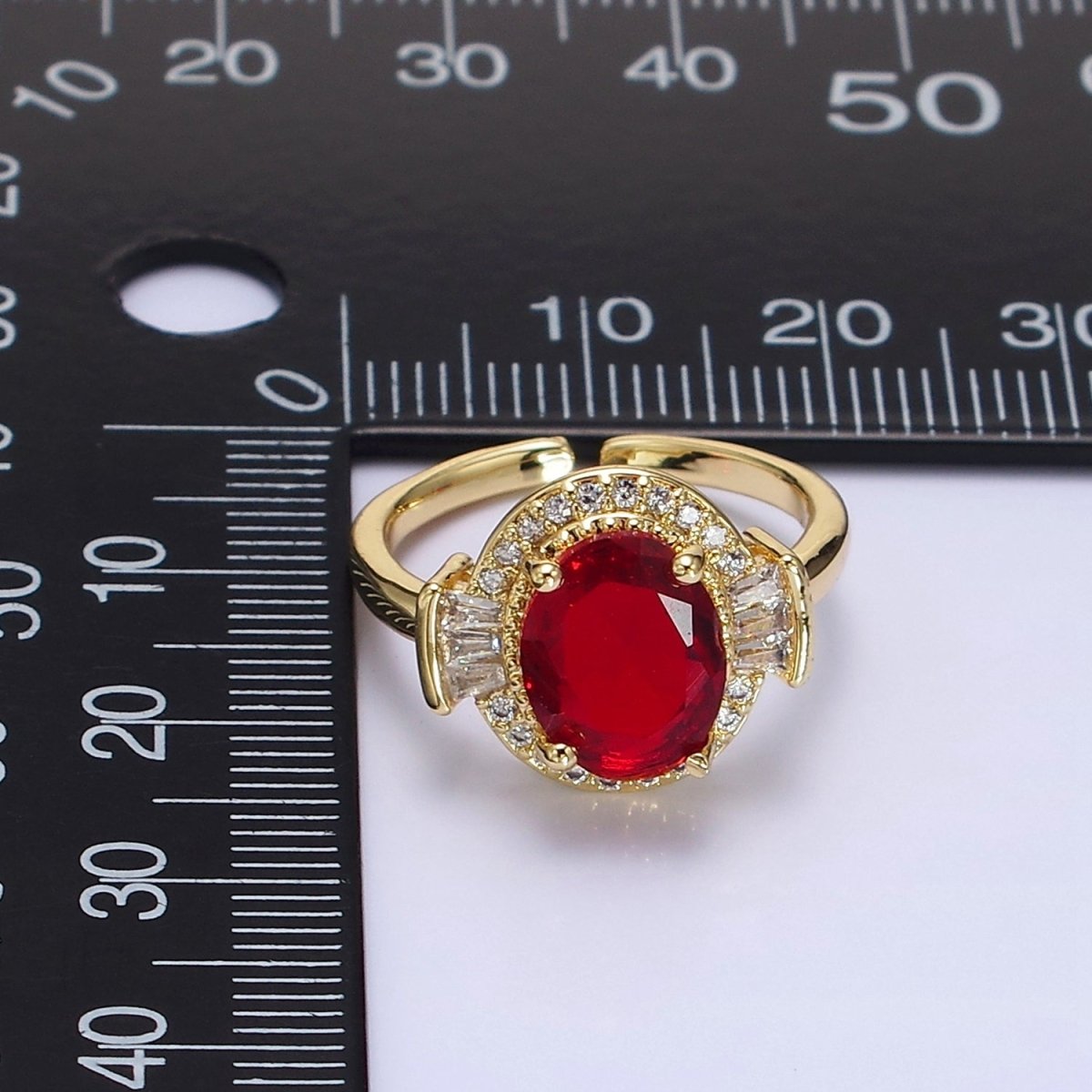 14K Gold Filled Green, Black, Red Oval CZ Baguette Micro Paved Adjustable Solitaire Ring | O-634 ~ O-636